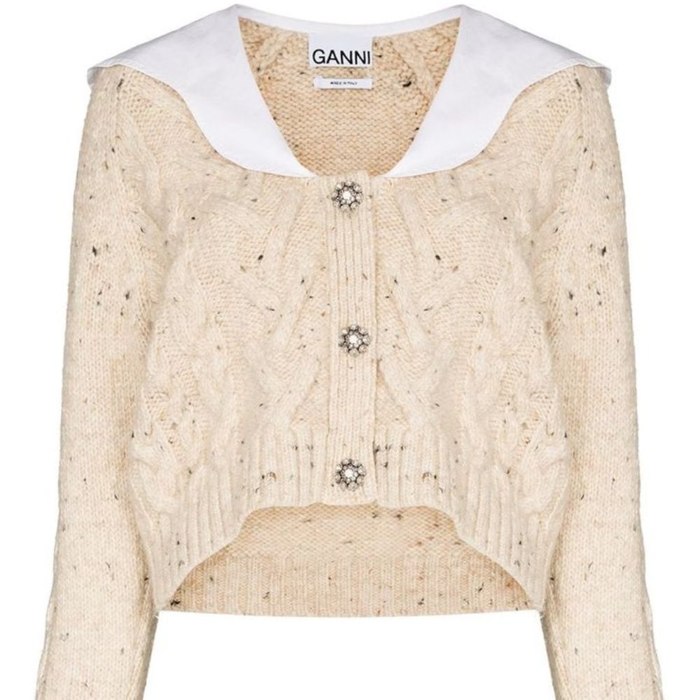 Ganni Contrast Collar Cropped Cardigan Size L NWT